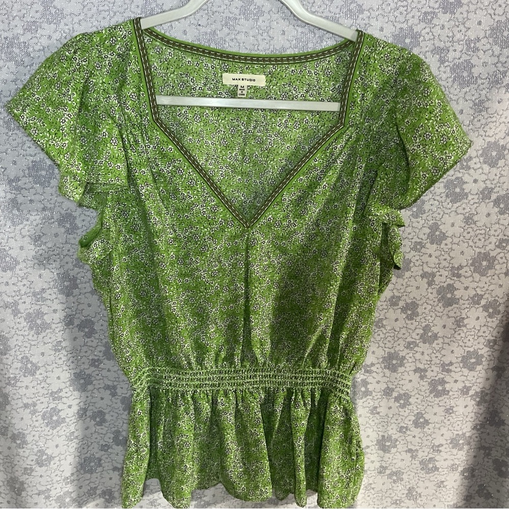 Max Studio Green‎ Flutter Sleeve Peplum Blouse